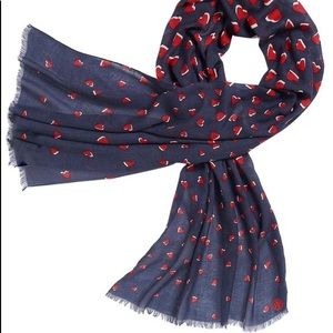 TORY BURCH Womens Silk Wool Blend Valentine Scarf Wrap | Navy w/ Red Hearts